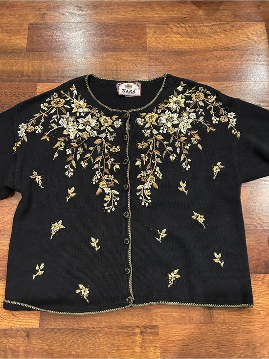 Tiara International Sweaters - Tiara International Cardigan Black Sweater Embroidered Floral XL Cottagecore